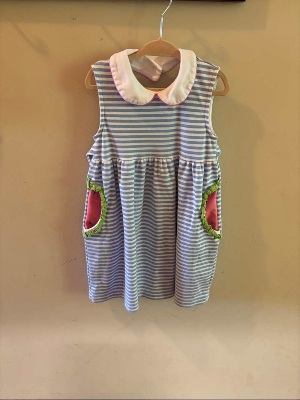 Florence Eiseman Blue and White Striped Dress with Pink Pocket Accents